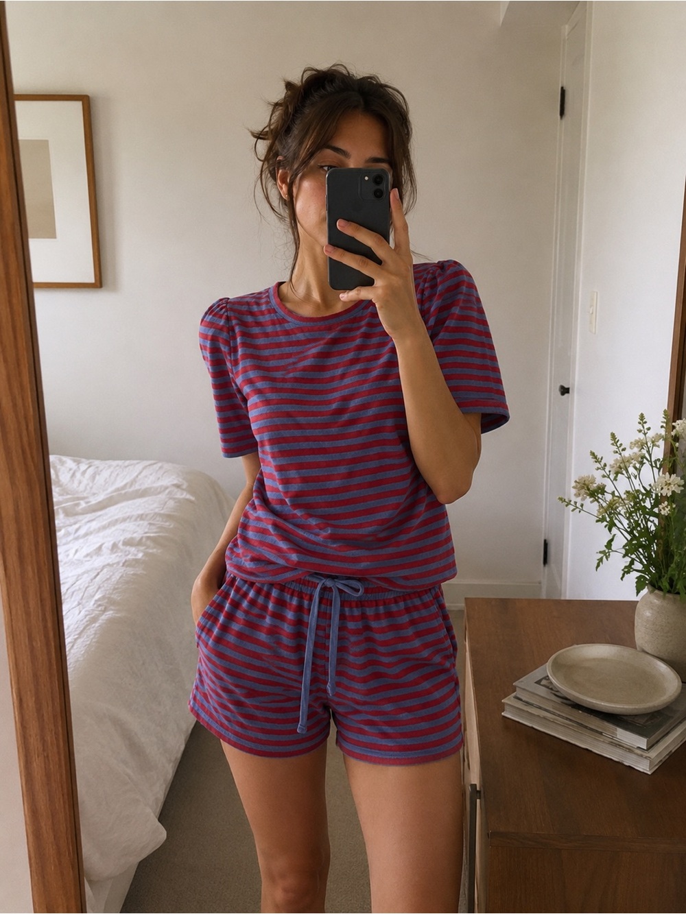 DRA Los Angeles Striped Lounge Set Red Blue Cotton Shorts & TShirt Pajama Set XS
